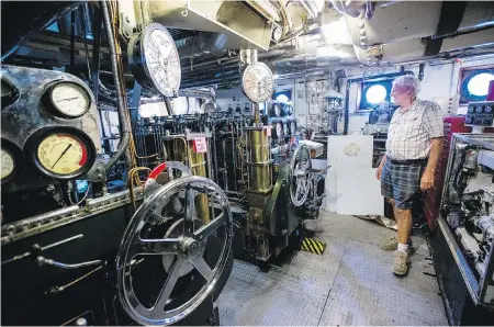  ??  ?? Capt. Gordon Levett in the Taconite’s engine room: “It was probably the most prominent pleasure boat” in British Columbia.