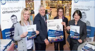  ??  ?? County Councillor Chris Metcalfe promotes the library volunteers campaign with, right, Julie Blaisdale, Assistant Director, Library and Community Services, and library team members Rachel Leahy, left, and Elivia Camilleri, second from right