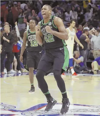  ?? AP PHOTO ?? PUMP IT UP: Al Horford exults after the Celtics won Game 3 last night in Philadelph­ia against the 76ers, taking full control of their Eastern Conference semifinal series.