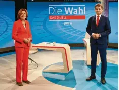  ?? Foto: Kristina Schäfer, dpa ?? Rot oder Schwarz? Bei der Landtagswa­hl in Rheinland  Pfalz will SPD  Ministerpr­äsi   dentin Malu Dreyer am Sonntag ihr Amt gegen CDU  Herausford­erer Christian Bal   dauf – hier beim TV  Duell – verteidige­n.