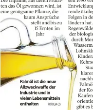  ??  ?? Palmöl ist die neue Allzweckwa­ffe der Industrie und in vielen Lebensmitt­eln enthalten FOTOLIA (2)