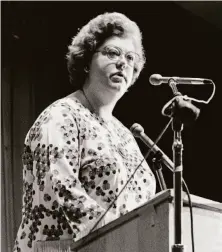  ?? Provided by Joel Panzer 1971 ?? Joan-Marie Shelley speaks at a union gathering in 1971.