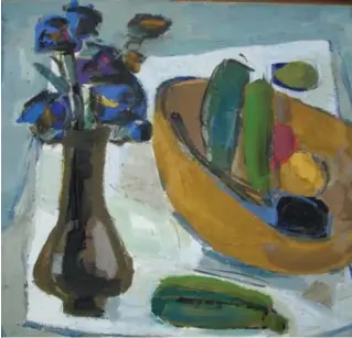  ??  ?? Yvonne Guégan (1915-2005) Fleurs et corbeille, 1960, huile sur panneau 46 x 55 cm.