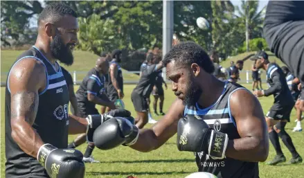  ?? Photo: Waisea Nasokia ?? Fiji Airways Flying Fijians reps Waisea Nayacalevu and Setareki Tuicuvu during training at Lawaqa Park in Sigatoka on July 4, 2019.