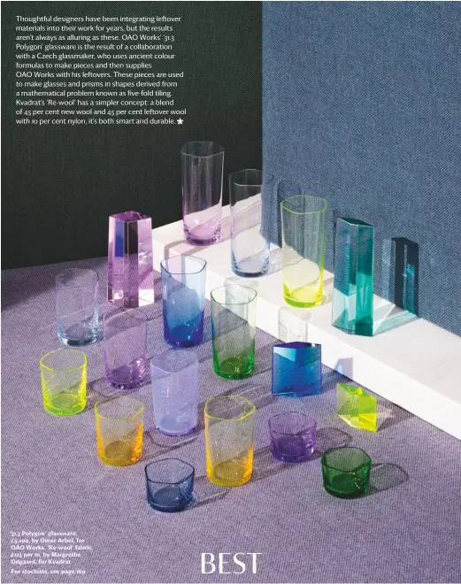  ??  ?? ’31.3 Polygon’ glassware, £3,200, by Omer Arbel, for OAO Works. ‘Re-wool’ fabric, £123 per m, by Margrethe Odgaard, for KvadratFor stockists, see page 169