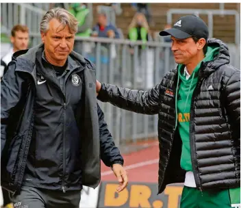  ?? FOTO: SCHLICHTER ?? Elversberg­s Trainer Horst Steffen (links) und Homburgs Trainer Matthias Mink dürfen ab der kommenden Woche nicht nur trainieren, sondern ihre Mannschaft­en auch endlich wieder im Ligaspiel an der Seitenlini­e betreuen.
