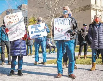  ?? DIGGINS/AP SARA ?? Protesters listen to several speakers at the beginning of a demonstrat­ion Tuesday in front of the Thomas F. Eagleton United States Courthouse in St. Louis, calling for Sen. Josh Hawley, R-Missouri, to resign. Hallmark, the parent company of Forks Township’s Crayola, wants Hawley to refund its campaign contributi­ons.