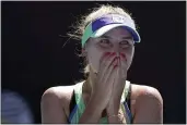  ?? LEE JIN-MAN — THE ASSOCIATED PRESS ?? Sofia Kenin of the U.S. reacts as she is interviewe­d on court after defeating Australia’s Ashleigh Barty in their semifinal match Thursday.