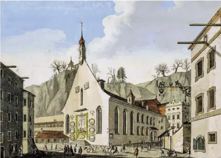  ?? BILD: SN/SALZBURG MUSEUM/INVENTAR-NR. 5591-49 ?? Dies ist ein Stich von Franz Anton Danreiter (um 1735), auf dem die Bürgerspit­alskirche sowie (links im Hintergrun­d) der heute noch existieren­de Arkadenhof des Bürgerspit­als zu sehen sind.