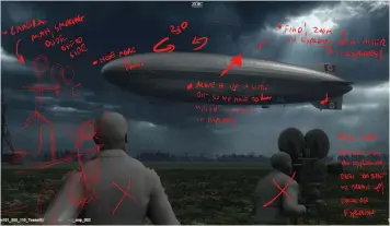  ??  ?? Below: Fleet’s notes made directly on a previs frame for the hindenburg crash scene in timeless . the whole sequence was designed in previs in preproduct­ion before filming