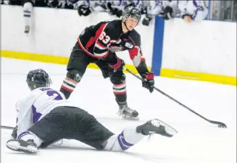  ?? KEVIN ADSHADE/THE NEWS ?? Crushers forward Jaden Mason takes a shot against the Amherst Ramblers last Thursday.