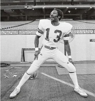  ?? ASSOCIATED PRESS ?? Bengals cornerback Ken Riley loosens up in Pontiac, Michigan on Jan. 21, 1982, as the team prepares to play against the 49ers in the Super Bowl. Riley, voted into the Pro Football Hall of Fame on Thursday, played his entire 15-year NFL career with Cincinnati from 1969 to 1983 and finished with 65 intercepti­ons, which remains fifth all-time. He died in 2020.