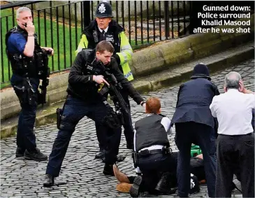  ??  ?? Gunned down: Police surround Khalid Masood after he was shot