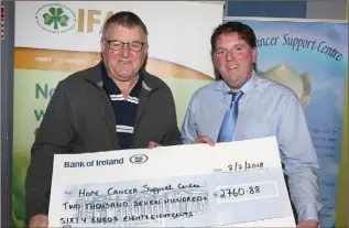  ??  ?? Paddy Redmond accepting a cheque for €2,760 on behalf of the Hope Cancer Support Centre from James Kehoe, Wexford IFA chairperso­n.