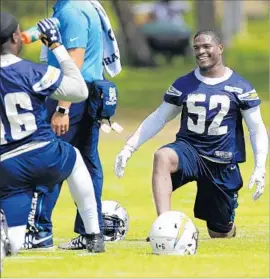  ?? K.C. Alfred San Diego Union-Tribune ?? “YOU CAN TRY to do too much being a leader, but for me, I just want it to naturally happen,” says linebacker Denzel Perryman, shown at a Chargers practice.