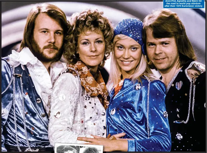  ?? Pictures: GETTY, ALAMY, PA, BJORNFOTOG­RAF.SE ?? WINNER TAKES IT ALL: Benny, Anni-Frid, Agnetha and Björn hit the road to world pop stardom after their 1974 Eurovision victory