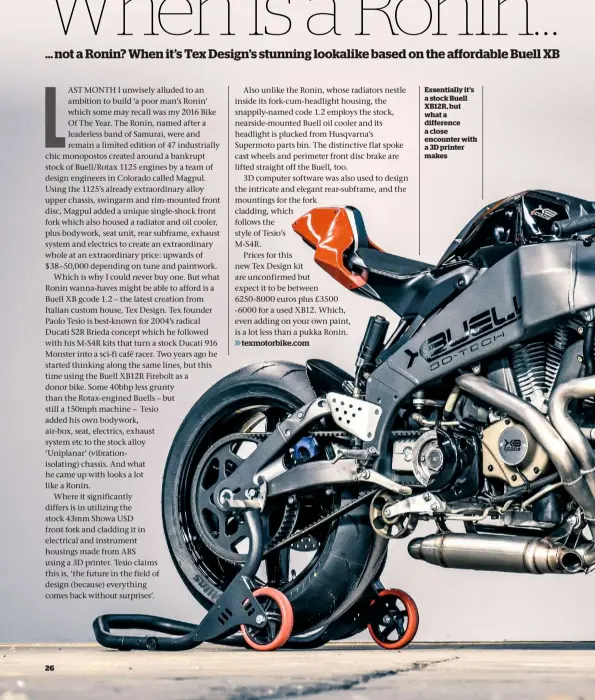  ??  ?? Essentiall­y it’s a stock Buell XB12R, but what a difference a close encounter with a 3D printer makes