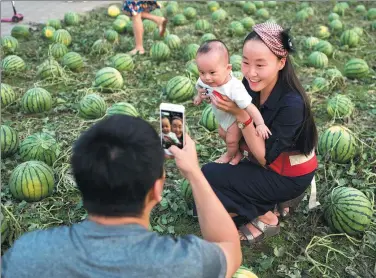  ?? HOU YU / CHINA NEWS AGENCY ?? A family takes a photo in a watermelon field that is part of an unconventi­onal event arranged by the China Central Academy of Fine Arts for its graduates on Thursday. The academy’s social media account said the 3,500 watermelon­s, which appeared...