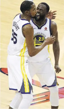  ?? ERIC CHRISTIAN SMITH/THE ASSOCIATED PRESS ?? Kevin Durant, left, Draymond Green and the Golden State Warriors survived an incredible test in the Western Conference final, beating a Houston Rockets team built to beat them, by coming from behind to win Game 7 on the road.
