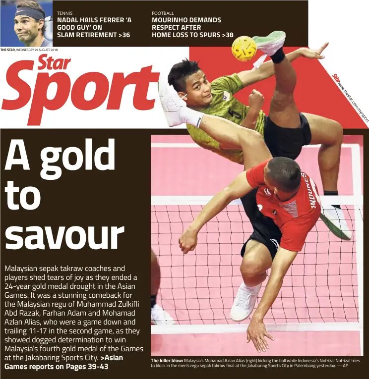  ??  ?? The killer blow: Malaysia’s Mohamad Azlan Alias (right) kicking the ball while Indonesia’s Nofrizal Nofrizal tries to block in the men’s regu sepak takraw final at the Jakabaring Sports City in Palembang yesterday. — AP