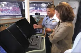  ?? (AP/Philippine Coast Guard) ?? U.S. Vice President Kamala Harris is given a tour on board the Philippine coast guard BRP Teresa Magbanua (MRRV-9701) during her visit to Puerto Princesa, Philippine­s on Tuesday.