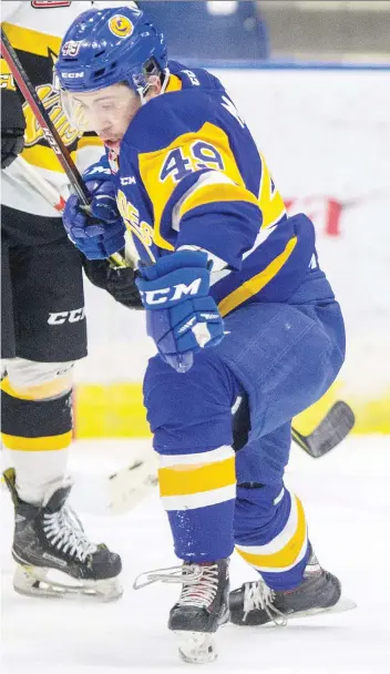  ?? LIAM RICHARDS ?? Former Blade Brandon Machado celebrates a goal at Sasktel Centre in December. Machado was traded Monday to the Kootenay Ice for Cyle Mcnabb. The Ice also received a fifth-round pick in the 2021 draft