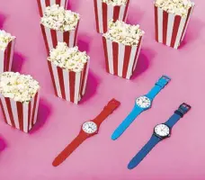  ??  ?? Movie time with Swatch Red Me Up, Costazzurr­a and Bellablu