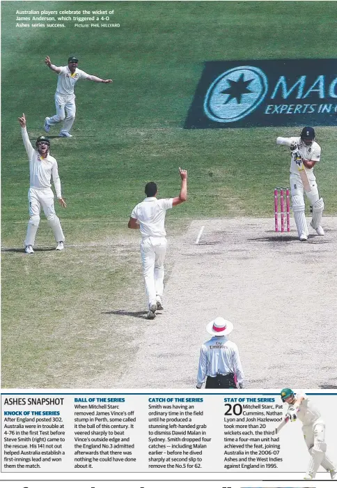  ?? Picture: PHIL HILLYARD ?? Australian players celebrate the wicket of James Anderson, which triggered a 4-0 Ashes series success.