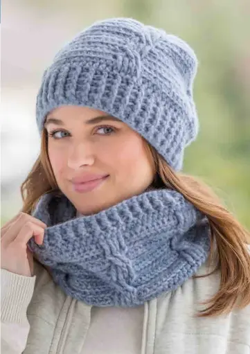  ??  ?? This warm and stylish hat and cowl set is made with vertical cables using post stitches and horizontal stripes of texture. The alpaca blend yarn is soft against the skin and provides plenty of warmth for winter.