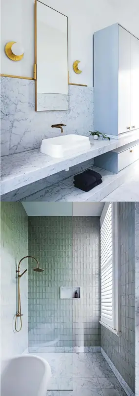  ??  ?? this page, from top: in the bathroom, OMVIVO ‘Latis’ basin; IZÉ light fittings; and YOKATO tapware. Handmade shower tiles from Stonetile Industry. opposite page: AGAPE ‘ Ottocento’ bath by from Artedomus. Details, last pages.