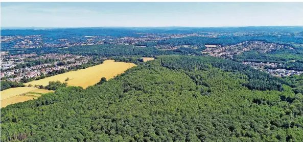  ?? FOTO: HEIKO LEHMANN ?? Dieses Panorama bot sic h der Droh nen-Kamera unseres Fotografen über dem geplanten Standort des künftig h öc h sten Windrades im Saarland. E r liegt im Krugh ütter Wald zwisc h en dem Saarbrüc ker Stadtteil Klarenth al (links) und dem französisc h en Ort Sc h oenec k.