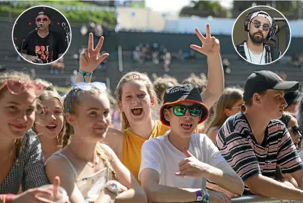  ?? BEJON HASWELL/STUFF ?? Festivalgo­ers get into the swing of Soundsplas­h yesterday afternoon. Inset are Tike Taane, left, and Masaya.