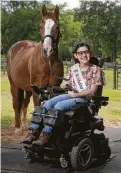  ?? Melissa Phillip / Houston Chronicle ?? Yessenia Luna of Cypress, who has cerebral palsy, rides Broadway at SIRE Therapeuti­c Horsemansh­ip. As Ms. Wheelchair Gulf Coast USA, she will compete in the national pageant this summer with the platform theme “Rolling Together to Success.”
