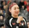  ?? GENE WALSH — DIGITAL FIRST MEDIA ?? Upper Dublin senior Nicole Kaiser speaks during a rally at the school last Friday to celebrate the Cardinals girls basketball team advancing to the PIAA Class 6A final.