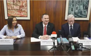  ?? (Courtesy) ?? KNESSET SPEAKER Yuli Edelstein speaks to the press yesterday flanked by Knesset State Control Committee chairwoman Shelly Yacimovich and State Comptrolle­r Joseph Shapira.