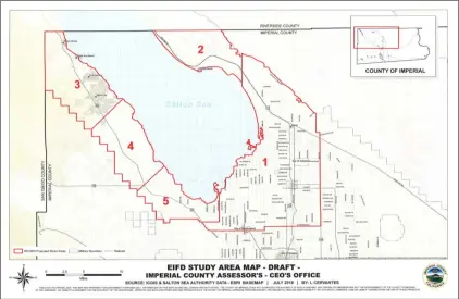  ??  ?? this draft map marks out five districts surroundin­g the salton sea that are being considered for inclusion in a proposed taxing district to fund improvemen­ts including a $1.7 billion to $1.8 billion plan calling for substantia­l infrastruc­ture to be...
