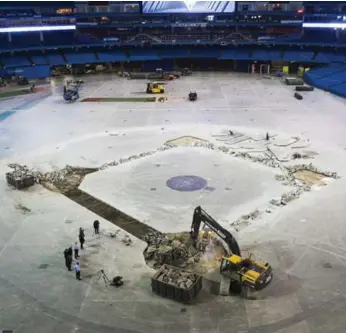  ?? NATHAN DENETTE/THE CANADIAN PRESS ?? Constructi­on workers begin work on the new dirt infield at the Rogers Centre for the Blue Jays’ coming season.