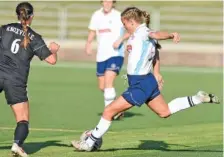  ?? STAFF PHOTO BY ROBIN RUDD ?? Chattanoog­a FC’s Anna Lanter prepares to kick the ball during a May 2017 match at Finley Stadium. Lanter, a former Soddy-Daisy and Lee University standout, played for the Chattanoog­a Lady Red Wolves in recent seasons but is back with CFC as its women’s team returns after a three-year absence.