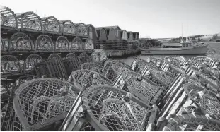  ?? NATHAN ROCHFORD/THE GUARDIAN ?? Lobster traps are piled up at Springbroo­k awaiting the beginning of the season, which has been delayed to May 15.