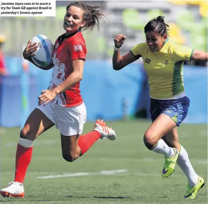  ??  ?? Jasmine Joyce runs in to score a try for Team GB against Brazil in yesterday’s Sevens opener