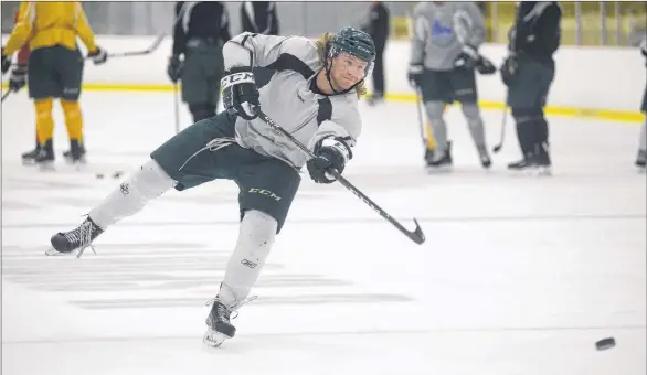  ?? JASON MALLOY/THE GUARDIAN ?? Fourth-year forward Sam Aulie fires a shot on goal during Monday’s UPEI Panthers practice.