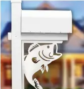  ??  ?? Cartoonist Dave Horton designed these mailbox brackets, made from weather-resistant PVC, that range from fish and wildlife to palm trees and holiday snowflakes. Some homeowners buy several, changing them to match the season.