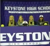  ?? FUAD SHALHOUT — THE MORNING JOURNAL ?? From left to right, Keystone’s Shelby Fortune, Sydnie Jarrett, Sydney Campbell and Autumn Acord signed their National Letters of Intent on Nov. 15.