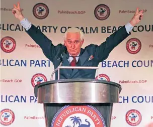  ?? JOHN MCCALL/SUN SENTINEL ?? Political operative Roger Stone gestures Thursday after his speech at Lobsterfes­t in Boca Raton.