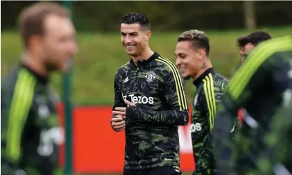  ?? Martin Rickett/PA Images ?? Cristiano Ronaldo cuts a happy figure as he prepares for Manchester United’s Europa League game against Omonoia Nicosia. Photograph: