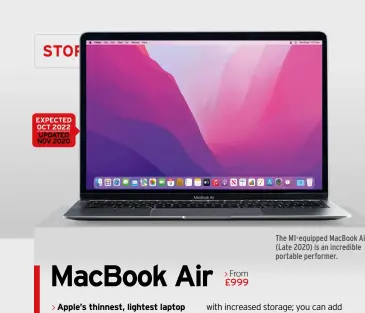  ?? ?? EXPECTED OCT 2022
UPDATED NOV 2020
The M1-equipped MacBook Air (Late 2020) is an incredible portable performer.