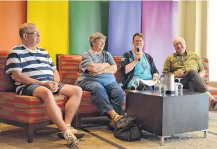  ?? ALISON JENKINS/ THE GUARDIAN. ?? Panelists, from left, George Clark-Dunning, Deb Berrigan, Nola Etkin and Wade MacLauchla­n engage in a discussion at the Delta hotel during Pride Week 2019.