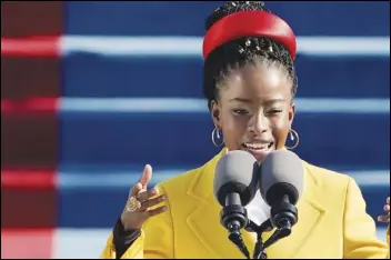  ?? ASSOCIATED PRESS ?? American poet Amanda Gorman reads a poem during Wednesday’s inaugurati­on at the US Capitol in Washington.