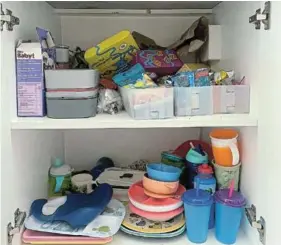  ?? Pictures: SUPPLIED ?? BEFORE AND AFTER: Profession­al decluttere­r and organiser Dani Cohen, 31, shows how to turn a disorganis­ed kitchen into a neat cupboard.
