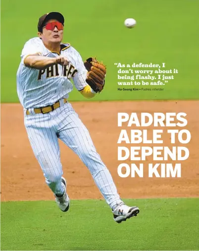  ?? K.C. ALFRED U-T ?? Padres’ Ha-seong Kim is solid on defense, whether he’s playing shortstop as he is here, or third base, as he did Friday.